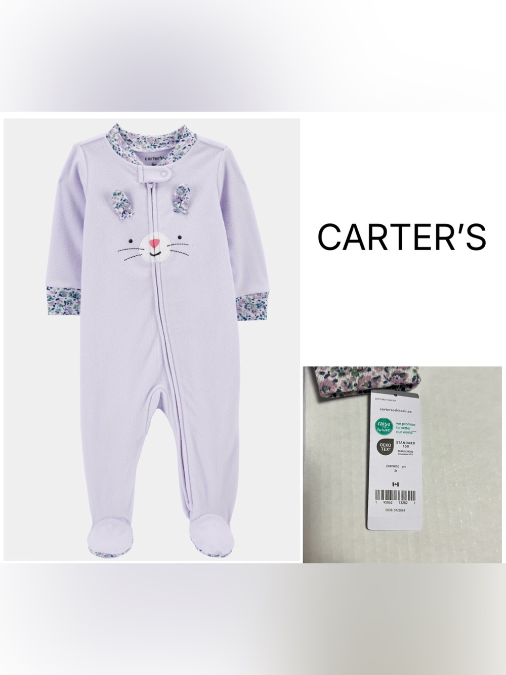 CARTER’S - 2T - NWT - TODDLER GIRLS PURPLE FLORAL BUNNY FLEECE FOOTIE / SLEEPER